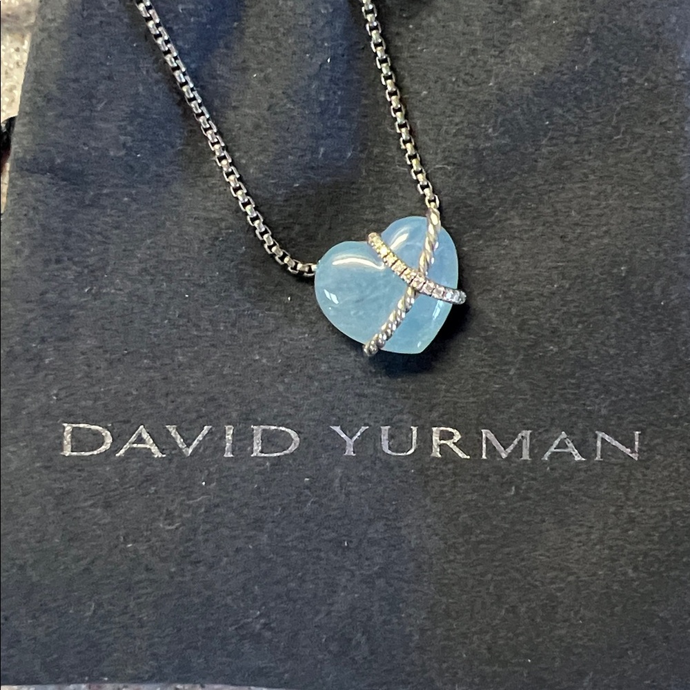 David Yurman Aquamarine & Diamond Le Petit Coeur Sculpted Heart Necklace - NIB